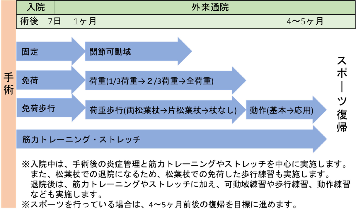 図4 半月板縫合術後のリハビリテーションの流れ